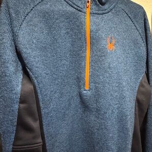 Spyder Men's Heathered Blue 1/2 Zip-Up Sweater with Orange Details